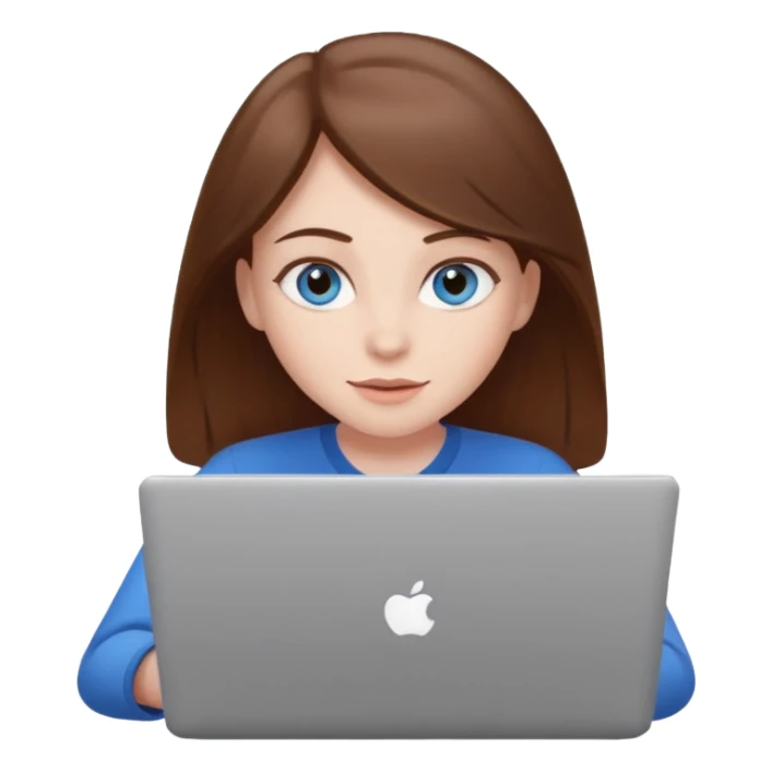 girl with brown hair and blue eyes, white skin, friendly expression, working on a laptop sticker