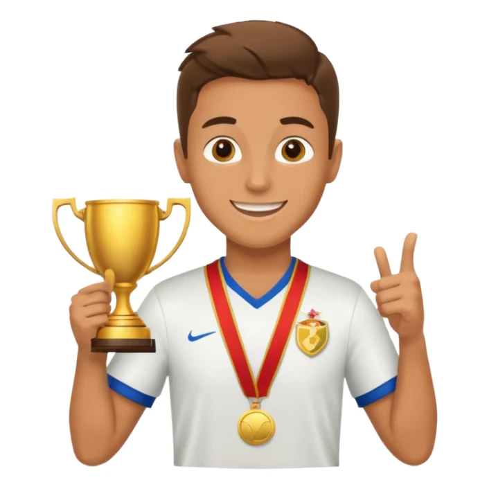 happy soccer player with a first-place medal and a trophy sticker