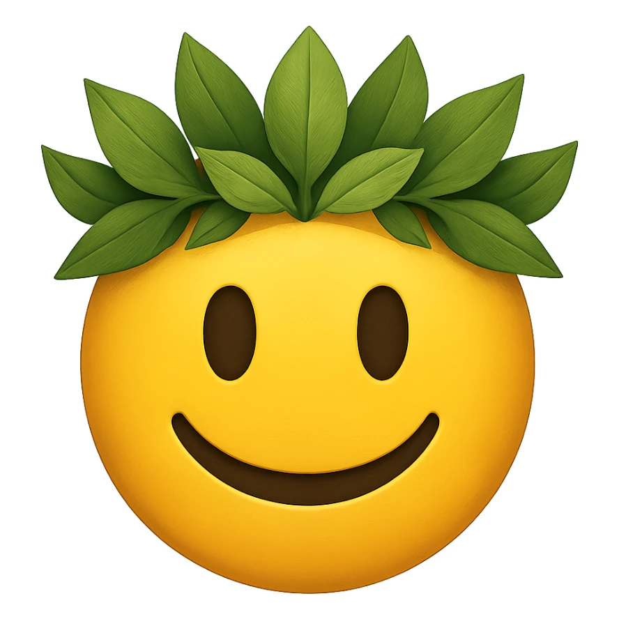 yellow face with green leaf crown emoji, digital illustration sticker