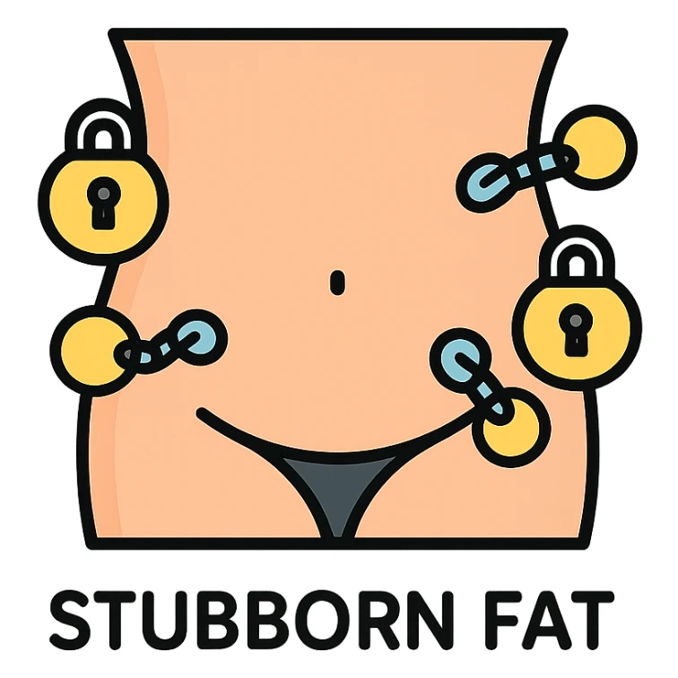realistic abdomen with stubborn fat, infographic style, adipocyte icons with chains or locks, light colors, short text 'stubborn fat' sticker