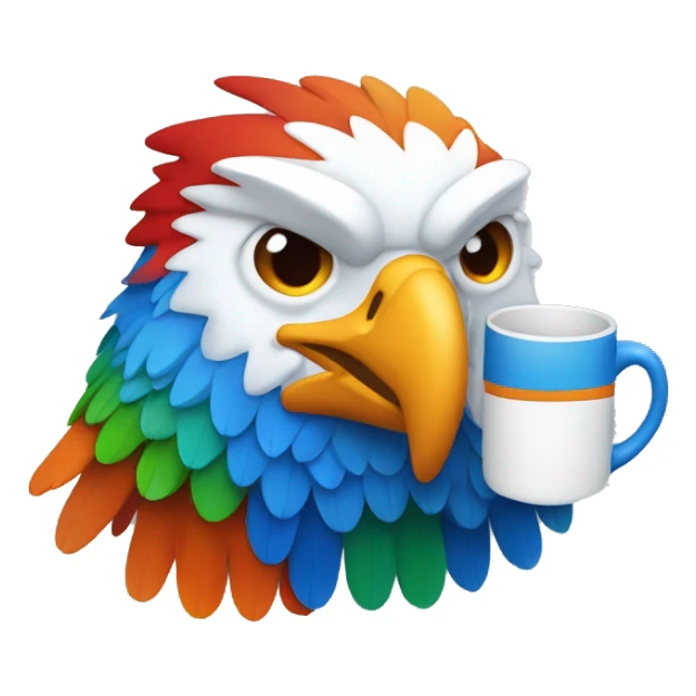create a blue eagle with colorful wings in the colors: orange, red and green. This eagle has to be holding a white mug. sticker