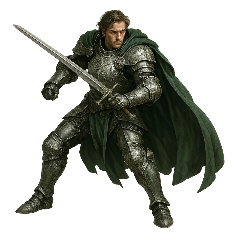 warrior in ornate silver armor, green cape, ready for battle sticker