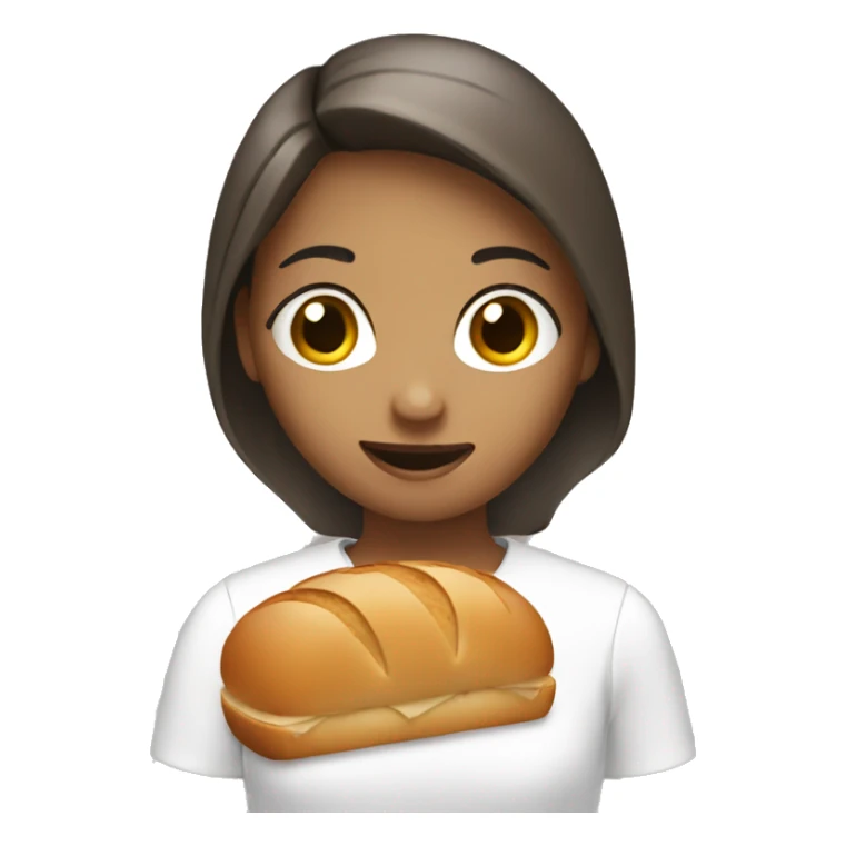 A girl who likes bread with a fork with a camera sticker