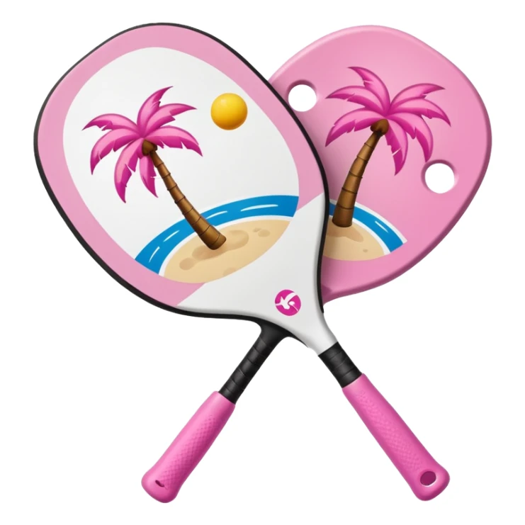 White Pickleball paddle with pink palm trees on it and a white pickleball sticker