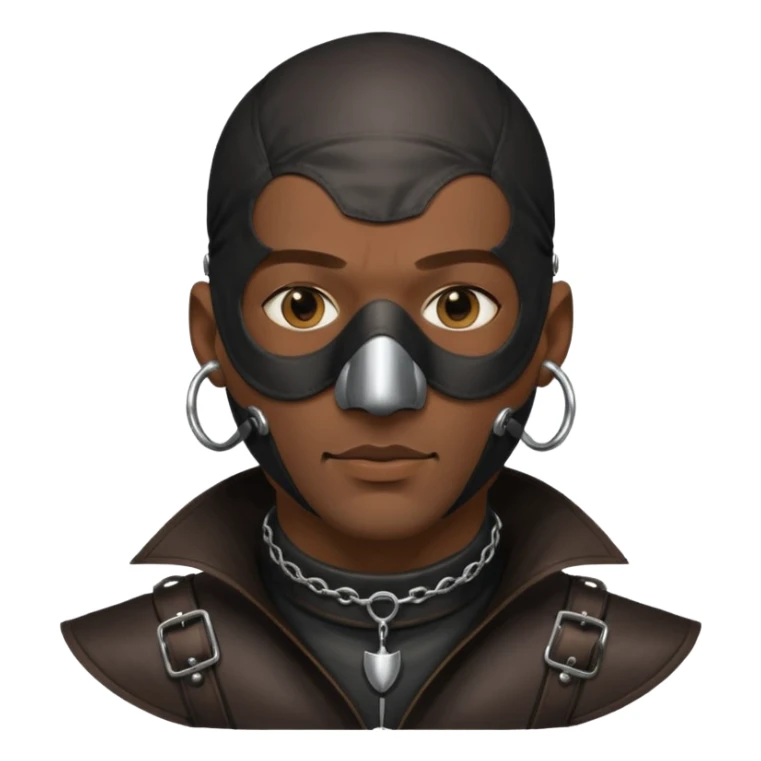 Dark guy wearing leather. Leather mask and heavy steel collar. Also bald wit a little stubble. Nose and ears pierced sticker