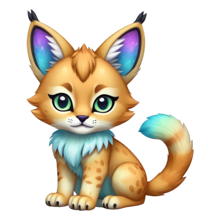 An iridescent transparent luminescent colorful chibi cute cool lynx-caracal-serval-fakemon-creature-hybrid sticker