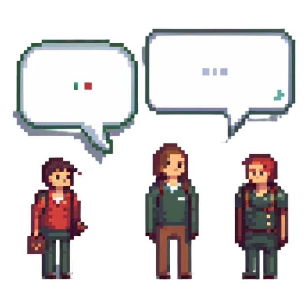 two people having a conversation, each with a speech bubble in a different language sticker