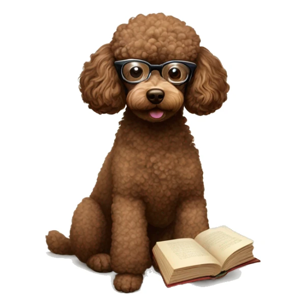 Brown poodle with wire rim glasses reading a book sticker