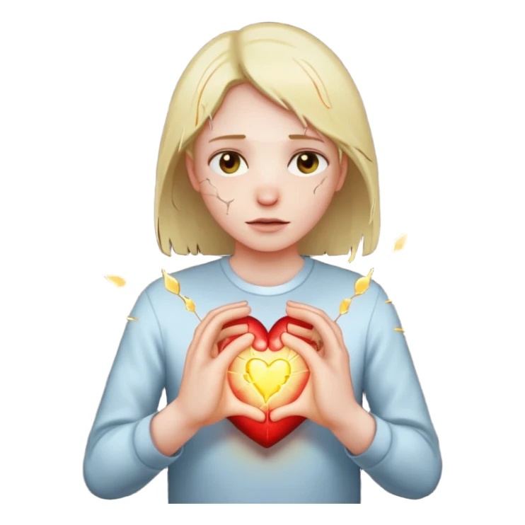 Heart cracking with light leaking out, hands trying to hold it together sticker