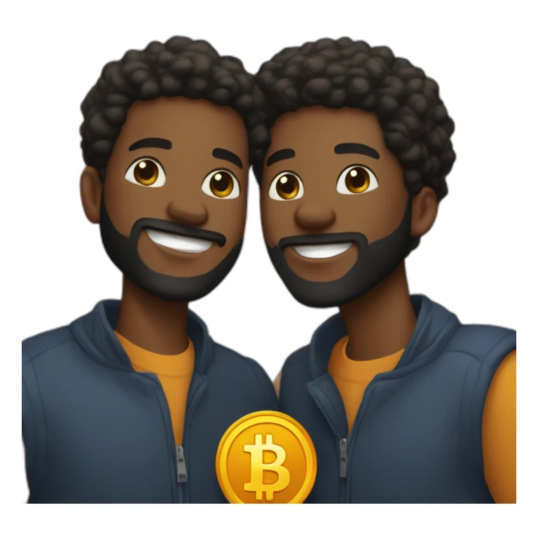 Two young black men in their 20’s with beards shaking hands with Bitcoin token in their hands  sticker