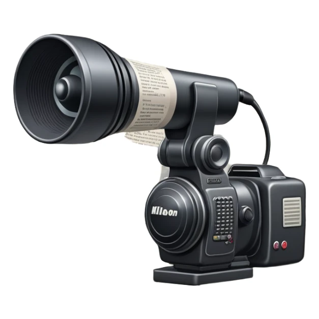 An icon featuring a microphone, a newspaper, a professional camera Nikon D5, representing journalism and mass media. The design includes headlines and imagery, symbolizing the spread of news and information. Transparent background highlights the power of communication and media. sticker