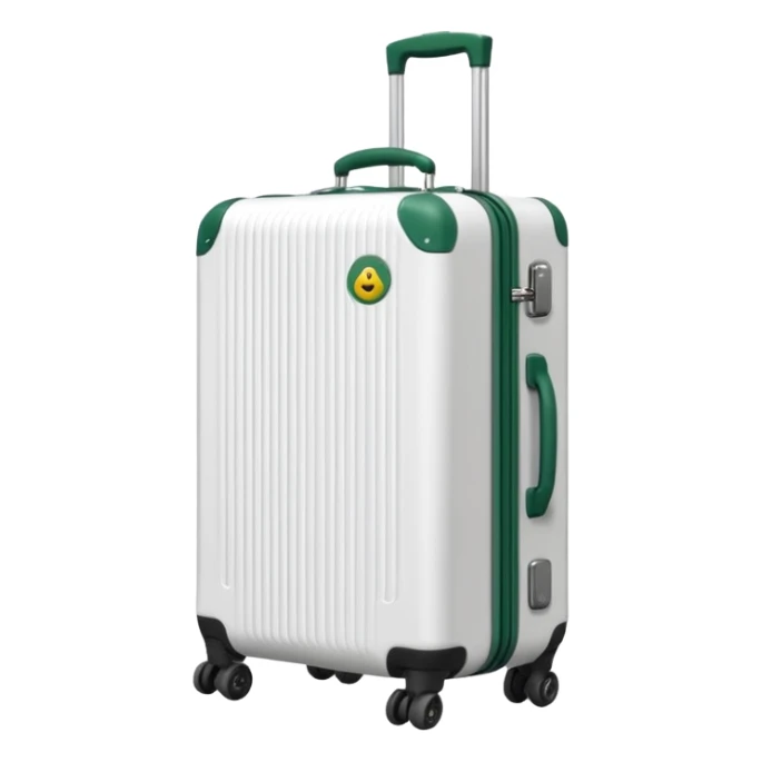 white ribbed suitcase on wheels with handle, dark green corners, handle and wheels, modern design, emoji style sticker