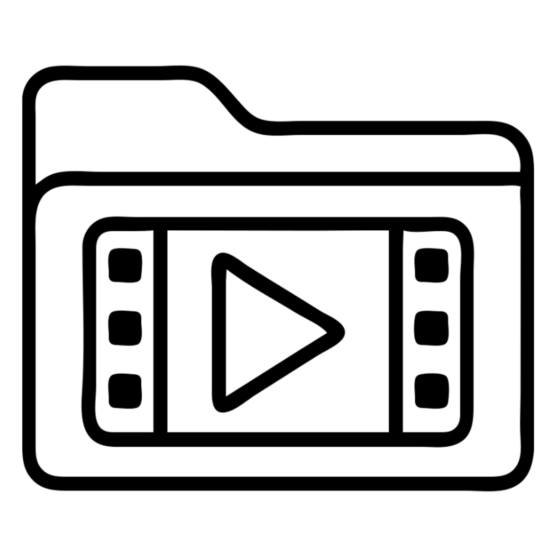 Create a very simple flat color clip art style video library folder icon matching the blue folder icon design. The icon should be minimal with a transparent background, no text, featuring a white play button and film strip details on the folder, and a thin black outline matching the original folder icon style. sticker