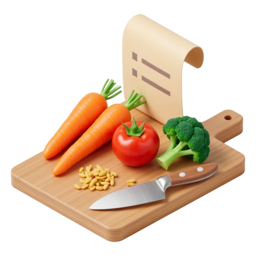 carrot tomato brocoli on the wooden cutting board with floating rolled paper list sticker