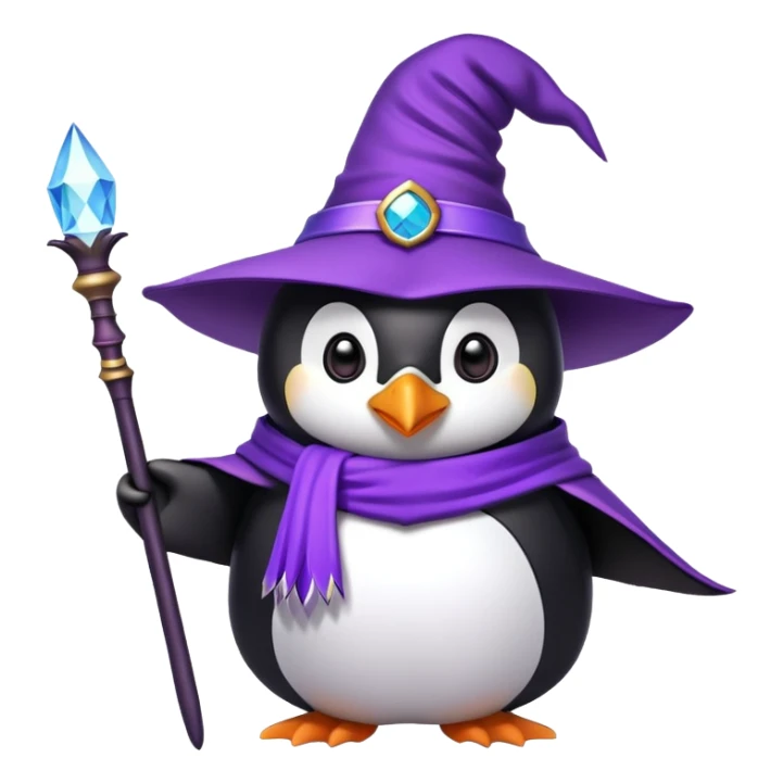 Penguin wearing a purple wizard hat and holding a magic wand sticker