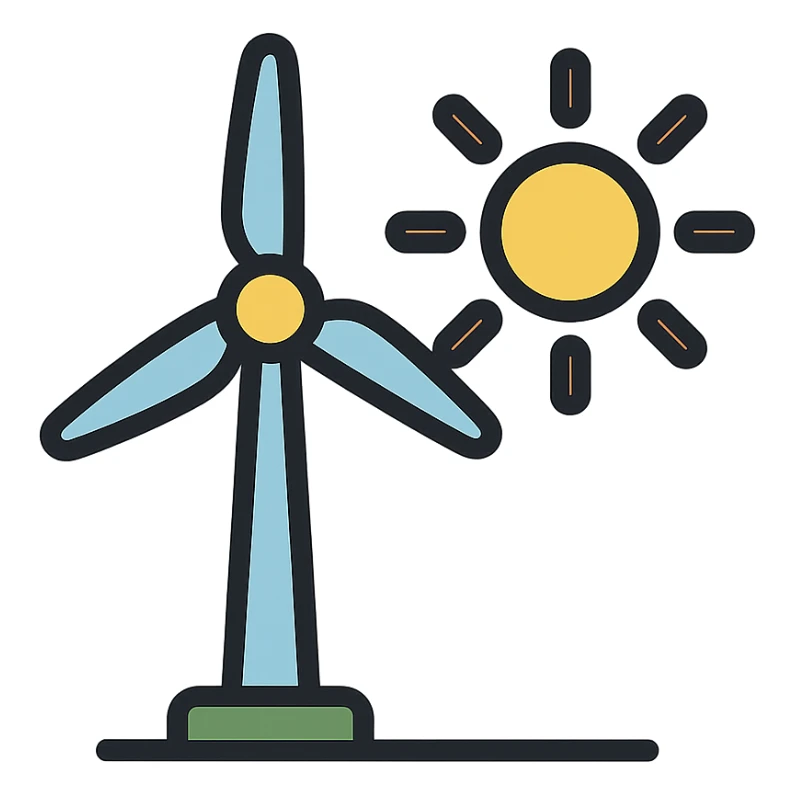 colorful outlined icon of a wind turbine and sun sticker