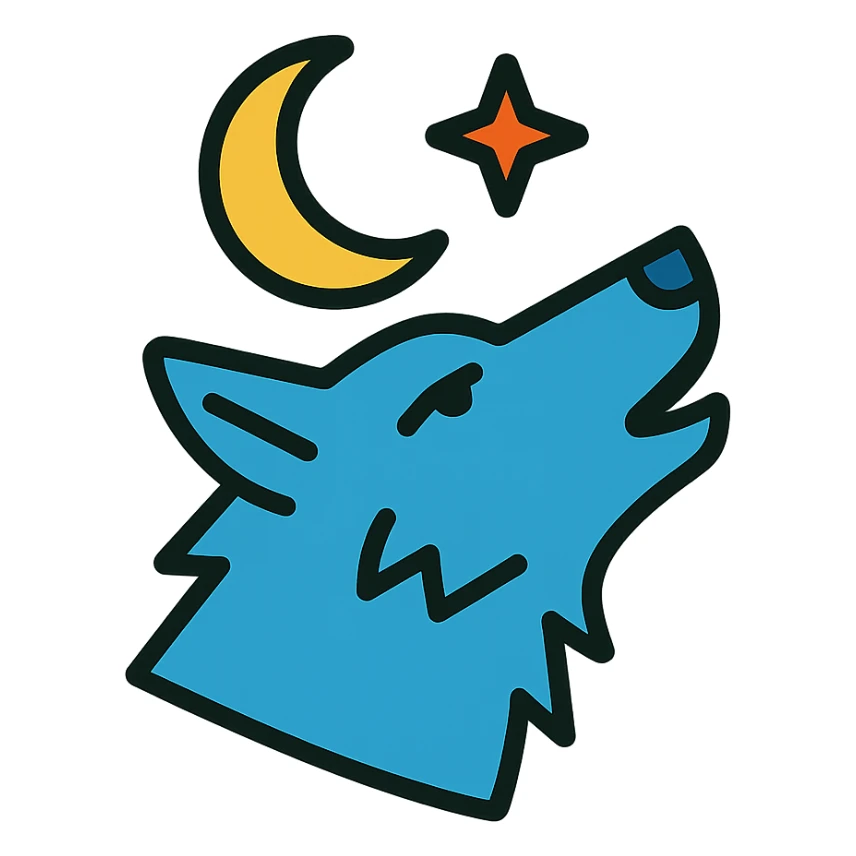 a wolf's head with a crescent moon and a single star above it sticker