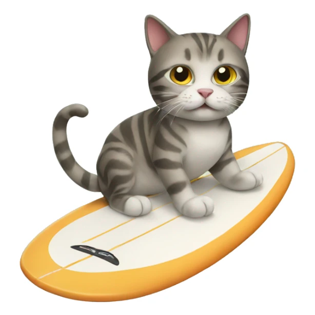 Cat riding a surfboard made out of a fish sticker