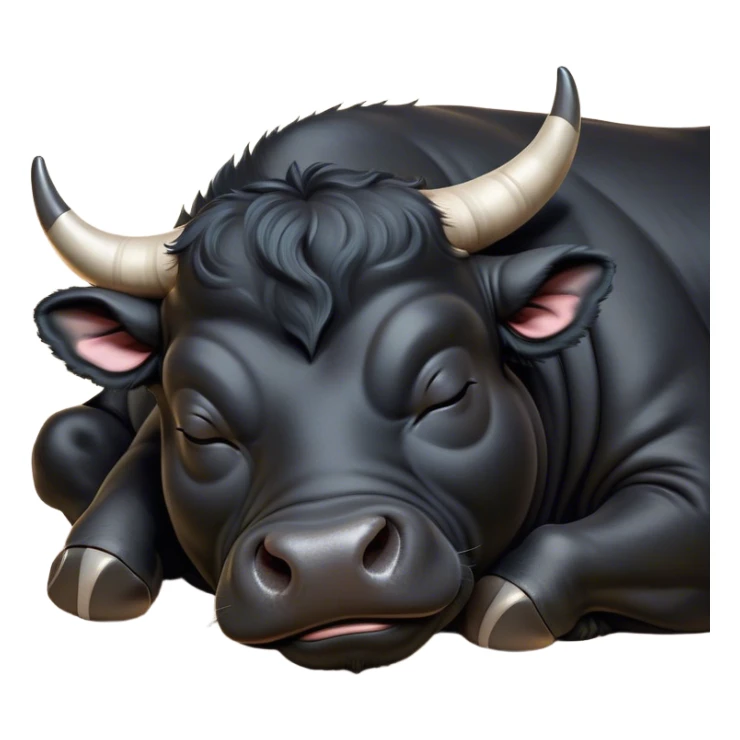 Meme-Worthy Cute Sleeping Black Bull Portrait Emoji, Head resting peacefully with a contented smile, showcasing a robust, massive build and a luxuriously soft pure black hide, eyes shut in a serene, restful nap, Simplified yet hilariously adorable features, highly detailed, glowing with a soft, drowsy light, high shine, relaxed and utterly lovable, stylized with an air of playful laziness, bright and heartwarming, soft glowing outline, capturing the essence of a comically sleepy guardian, so meme-worthy it feels like it could instantly become the next viral sensation of adorable slumber! sticker