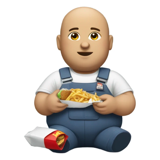 Fat brunette bald mechanic eating McDonald’s sticker