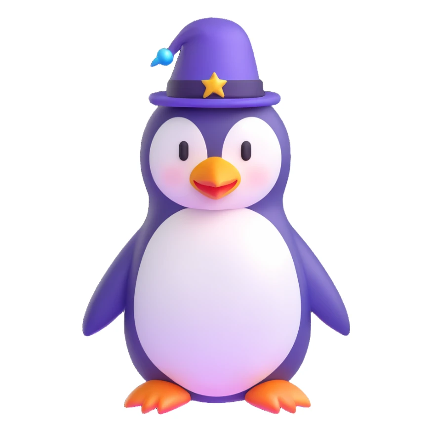 3D emoji of a penguin wizard, with a shiny hat and magical effects sticker