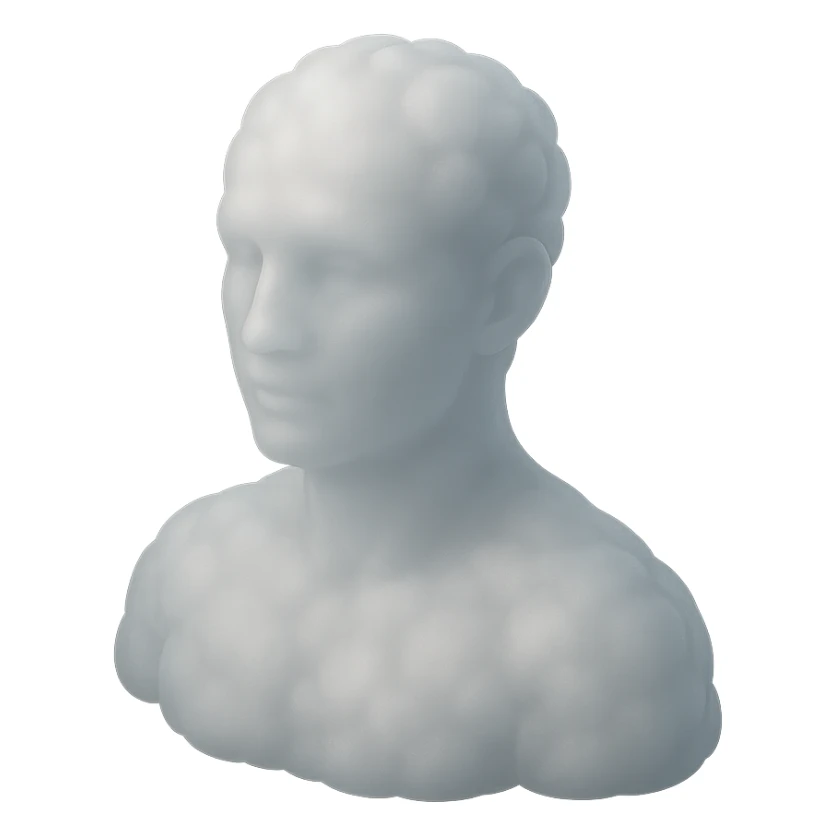 person looking straight, fully made of white fluffy convex clouds, shoulders up, matte glass style sticker