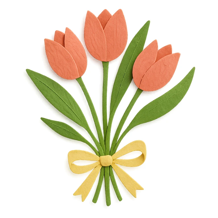 tulip bouquet with ribbon, delicate paper layers, naturalistic pose, expressive leaves and stems sticker