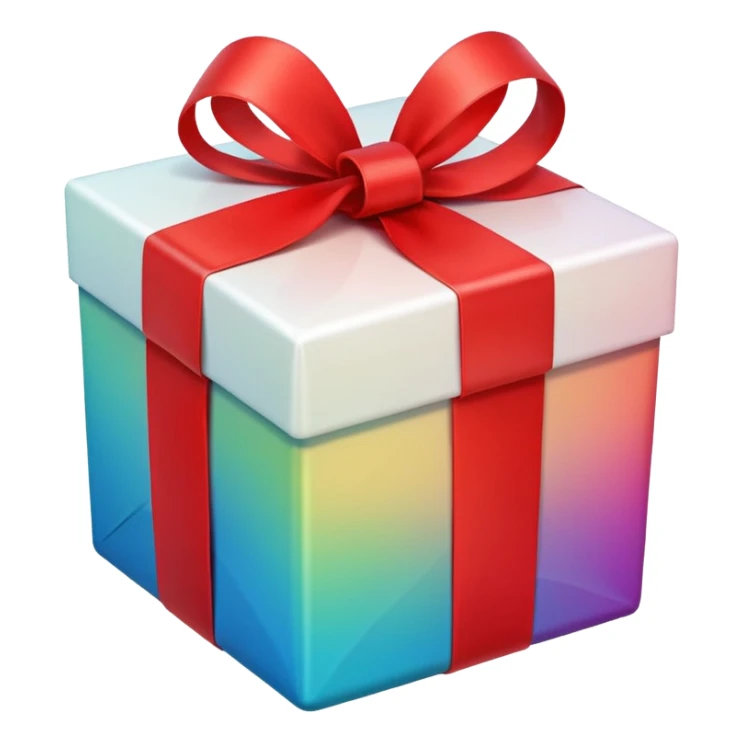 A square gift box tied with a bright red ribbon, in Apple iPhone emoji style. Vibrant colors, smooth gradients, glossy highlights, clean simple shapes, no outlines, slight 3D depth. sticker