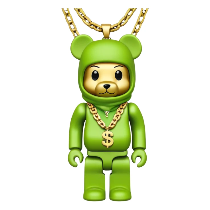 bearbrick with cube head in lime green balaclava tagged with multiple logos in graffiti style, wearing stacked gold chains, gold dollar sign pendant, luxury hip hop look sticker