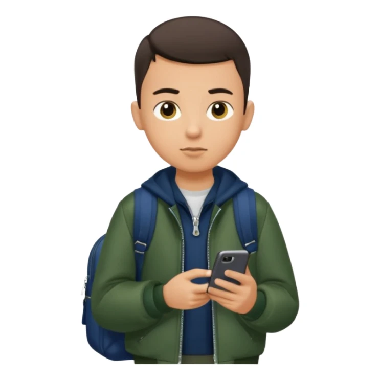 a tan boy with buzzcut and drak hair dark green jacket and navy blue bag looking at his phone dark blue school bag and zip his jacket up sticker