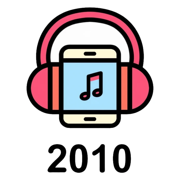 Music icon with headphones, smartphone, and "2010" text sticker
