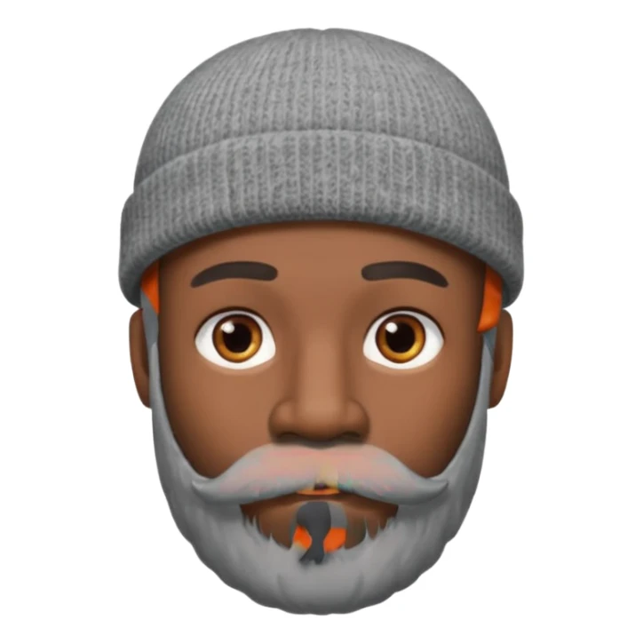 A dark-skinned man with a gray beanie, brown eyes, and a gray mustache and beard, wearing a calm expression. sticker