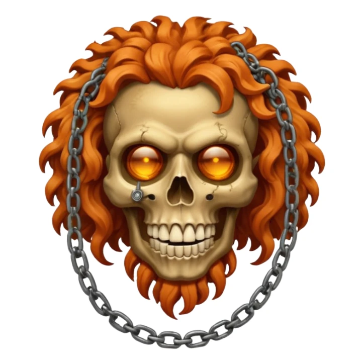 cinematic realistic steampunk Megadeth iconic skull mascot with a rusty chain in his teeth, huge curly orange hair sticker