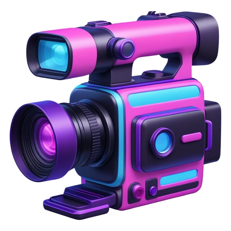 videographer's camera in pink and light blue colors, with neon glow lines, blue neon light on top left, purple neon light on bottom right sticker