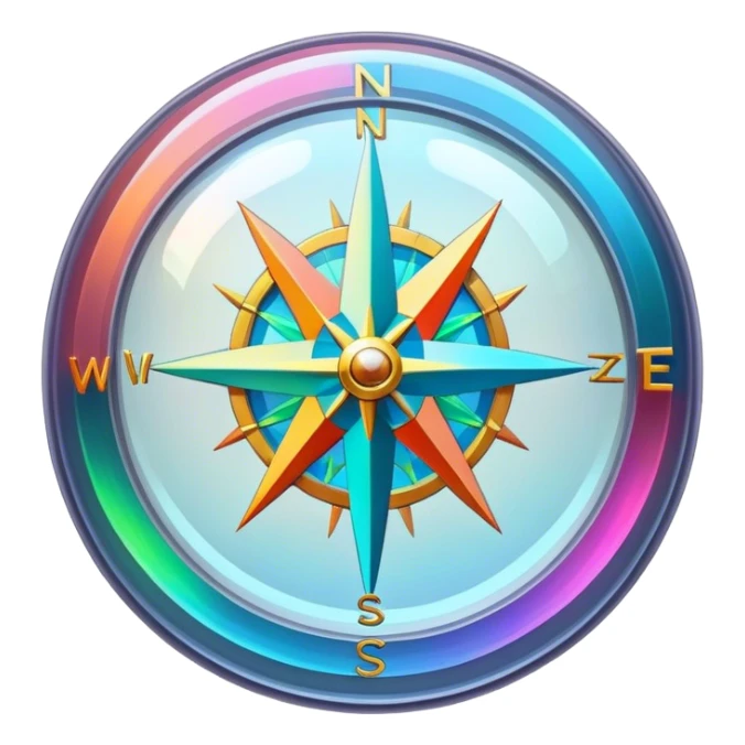 A glowing holographic compass with vibrant neon colors, inside a crystal-clear floating sphere sticker