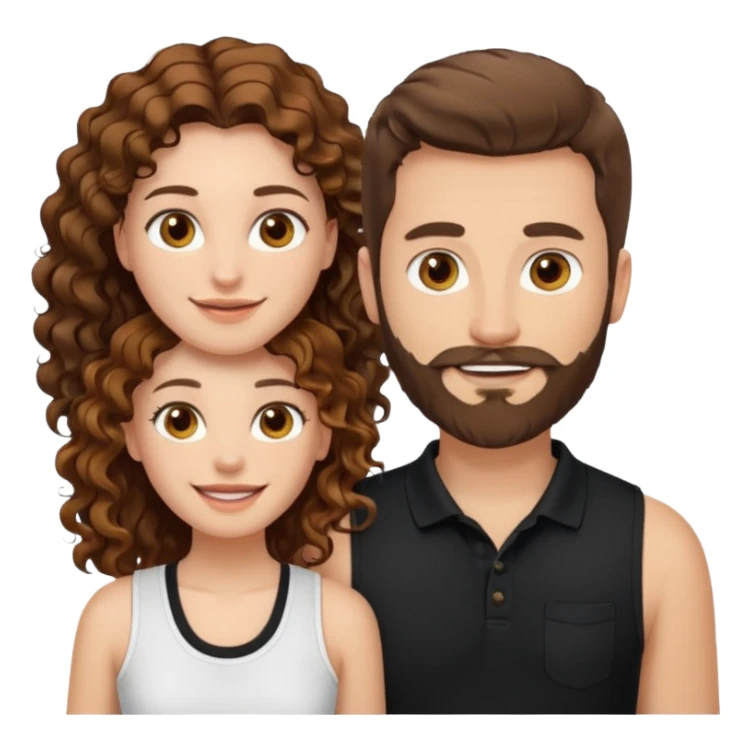 Criar Casal - Homem branco de cabelo liso e olhos marrom, com barba, usando camisa polo preta e mulher de pele branca cabelo cacheado marrom longo e olhos mel, usando uma regata branca, quero ela sorrindo sticker