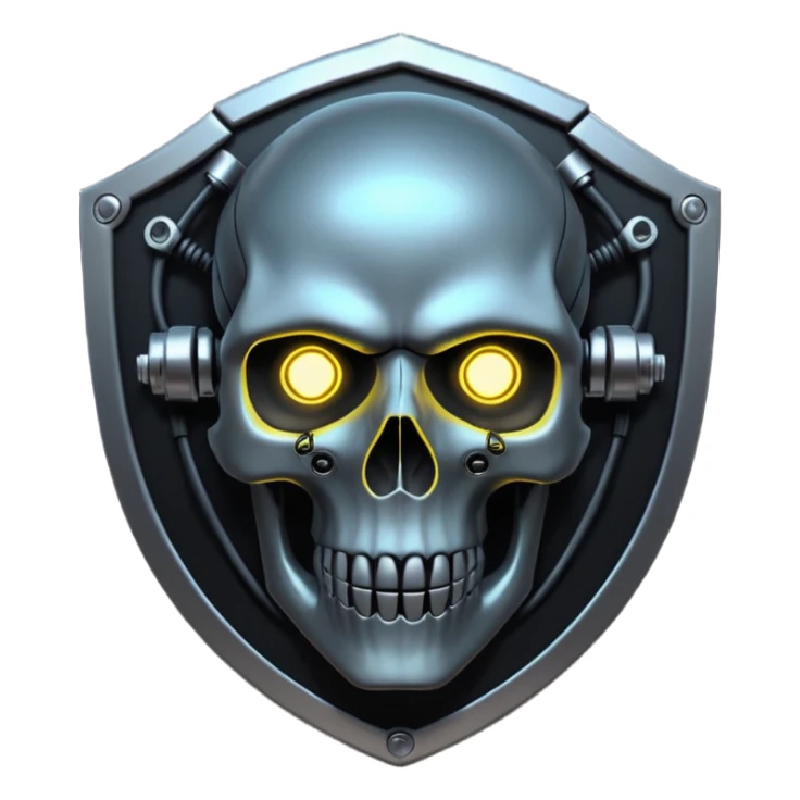 Cyberpunk shield, skull with cybernetic implants, glowing wires, dark electric silver and black tones, no background sticker