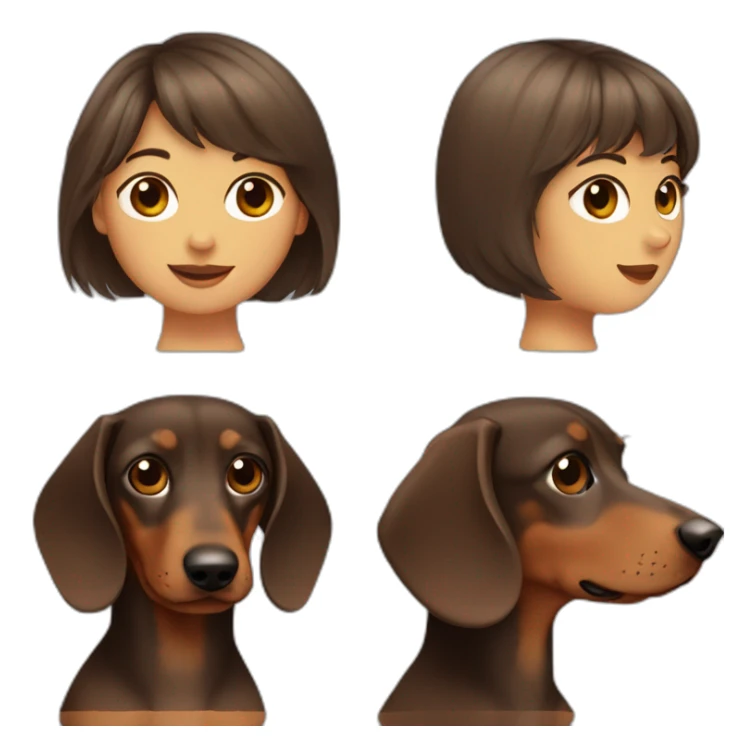 A woman with shoulder length brown hair and bangs. A rough haired dachshund. sticker