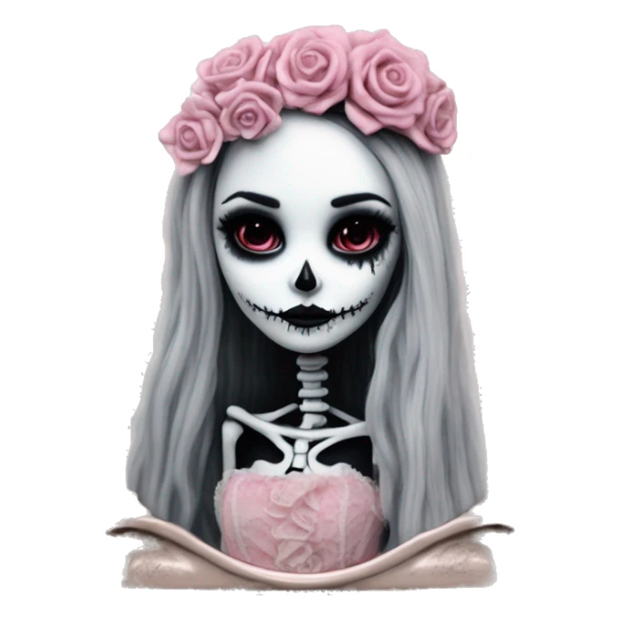 PINK LANDSCAPE PICTURE WITH FRAME: full body, hyper realism, full height skeleton, tim burton "corpse bride", thin porcelain doll with a cracked face, goth makeup, long hair, lace and ruffles, lolita style, inked, black and white, red roses sticker