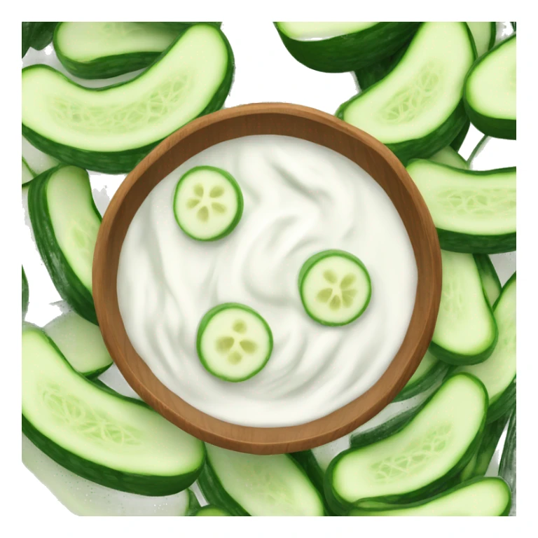 wood bowl of cucumbers and yogurt from top angle sticker