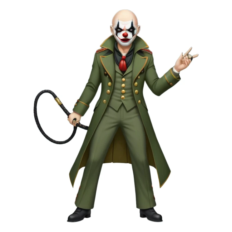 evil clown, bald, black horns on forehead, fangs, pointed ears, eye patch over one eye, long coat over black and military green leisure suit with bellbottom pants, tail, holding a different style of whip, realistically proportioned, less bulky, full body, battle-ready, fighting posture sticker