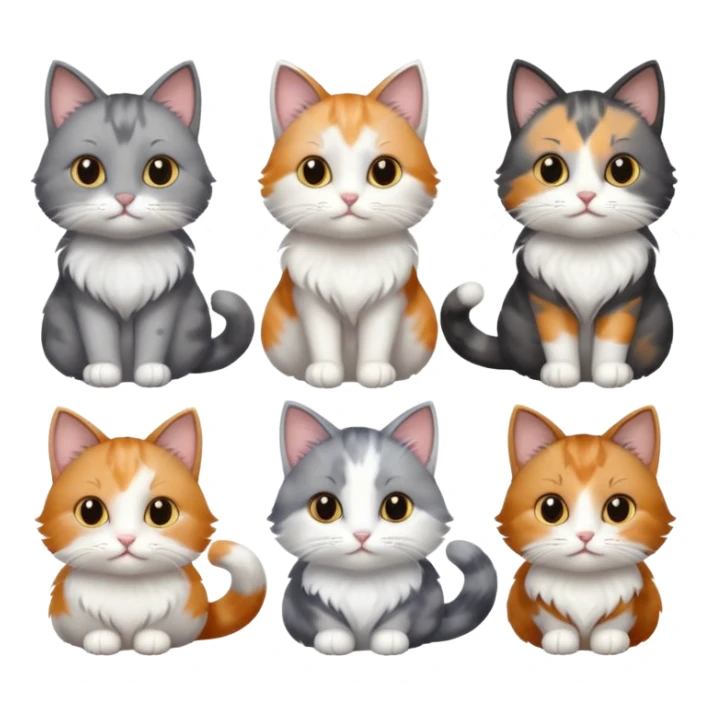 6 realistic looking cats with different natural coloured coats, assorted grey and white, greys, calico, brown and white colours etc
 sticker