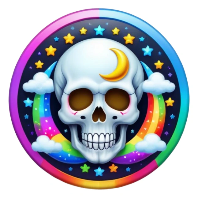 Beveled button with Neon rainbow colored damask style skull moon with stars and clouds in the center sticker