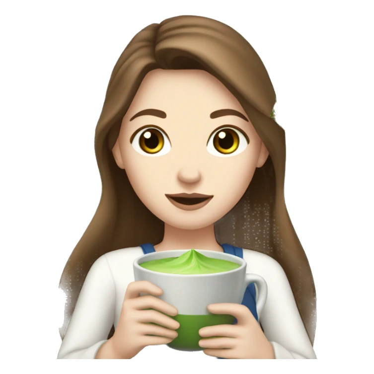 white girl with long brown hair and blue eyes holding a matcha  sticker