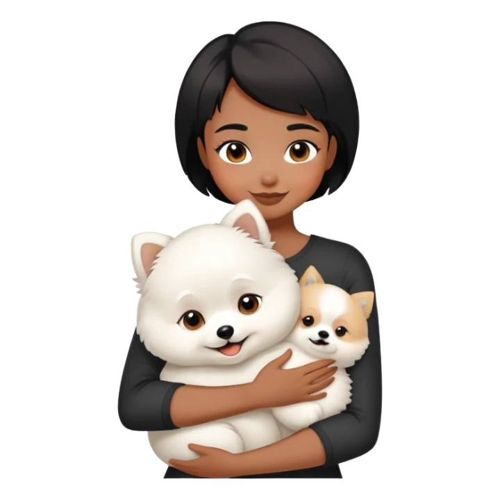 A black short-haired girl happily hugs a white Pomeranian sticker