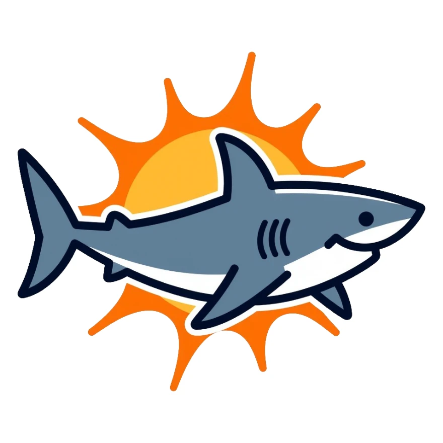 sun shark, a shark with sun rays coming out of it sticker