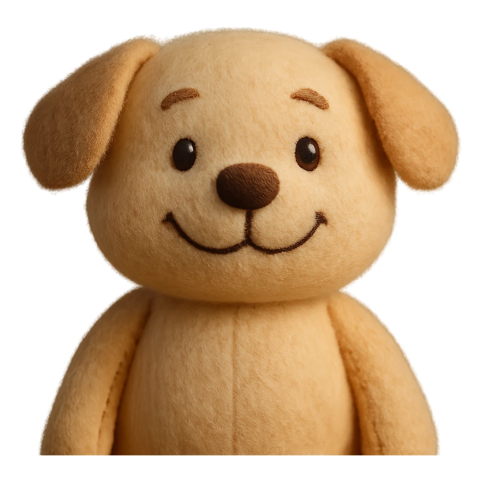 a happy dog plush portrait, round face, button nose, pastel colors, centered, no background sticker
