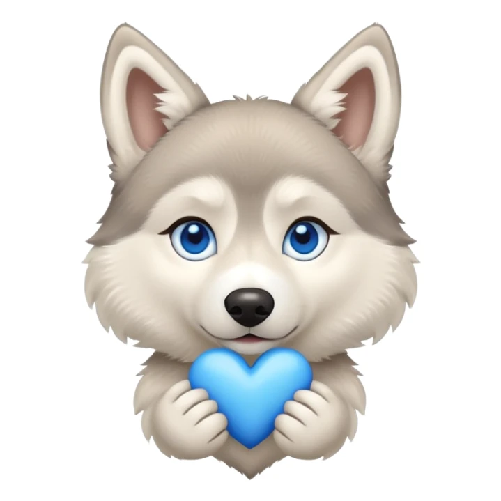 Beige husky with blue eyes holding a blue heart sticker