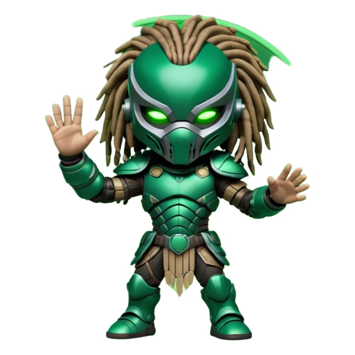 Cute chibi-style Predator character sitting down, wearing full armor with mask and dreadlocks, waving with one hand, dark sci-fi background, glowing neon circle behind, 3D toy style, soft lighting, detailed textures, cartoonish but intimidating look, high-resolution sticker format sticker