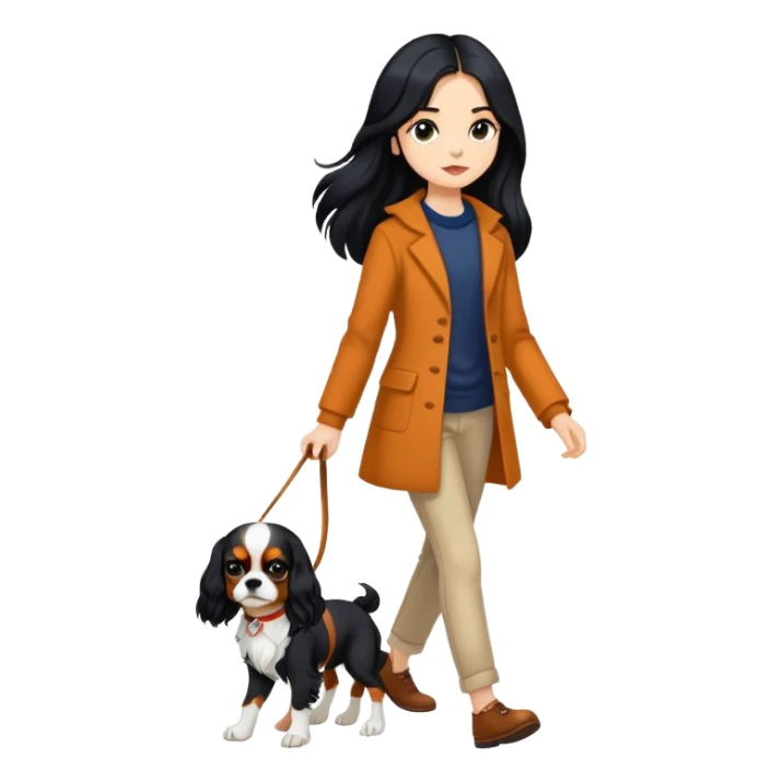 A girl with long black hair walking a Cavalier King Charles Spaniel sticker